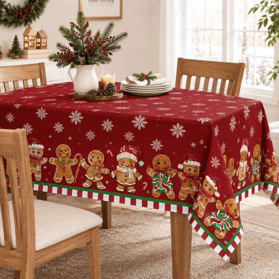 52" x 70" Rectangular Christmas Tablecloth with Gingerbread and Candy Cane Holiday Print