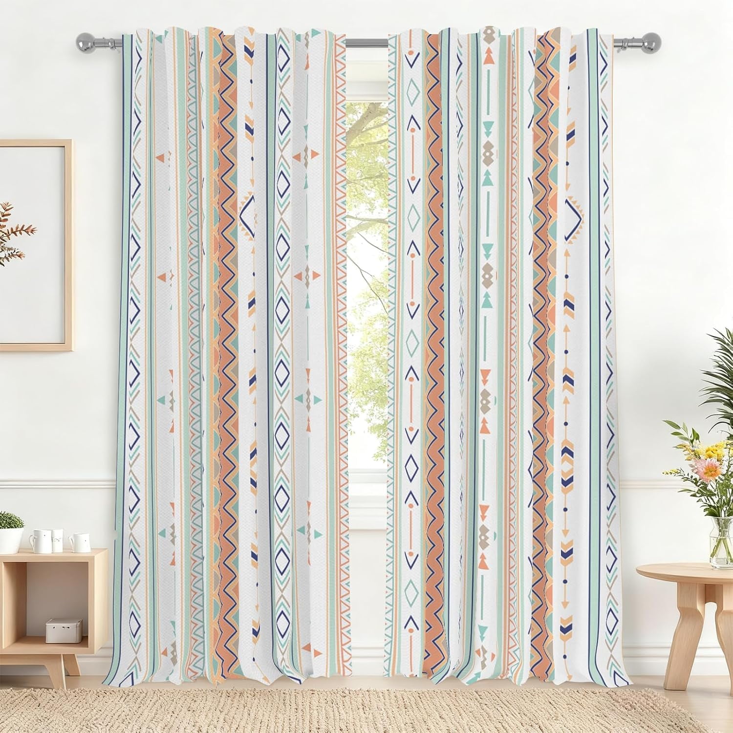 52 x 84 Inch Bohemian Curtains Linen Rod Pocket Window Treatment Curtain for Living Dining Room Bedroom Decor Farmhouse Boho Geometric Striped Printed Light Filtering Window Drapes 2 Panels