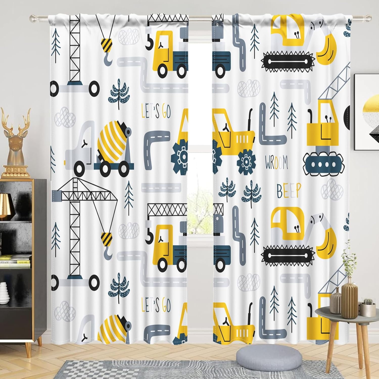 52 x 84 Inch Construction Bedroom Window Curtains Cartoon Excavators Crane Dump Truck Window Treatment Curtains for Kids Boys Teens Vehicles Theme Room Curtain with Rod Pocket Linen 2 Panels