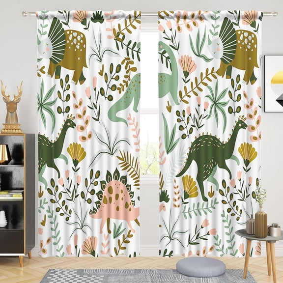 52 x 84 Inch Kids Dinosaur Curtains for Baby Boys Bedroom Rod Pocket Cartoon Dino Safari Toddler Room Curtains Decor Tropical Jungle Plants Block Out Light Window Drapes Heavy Linen 2 Panels