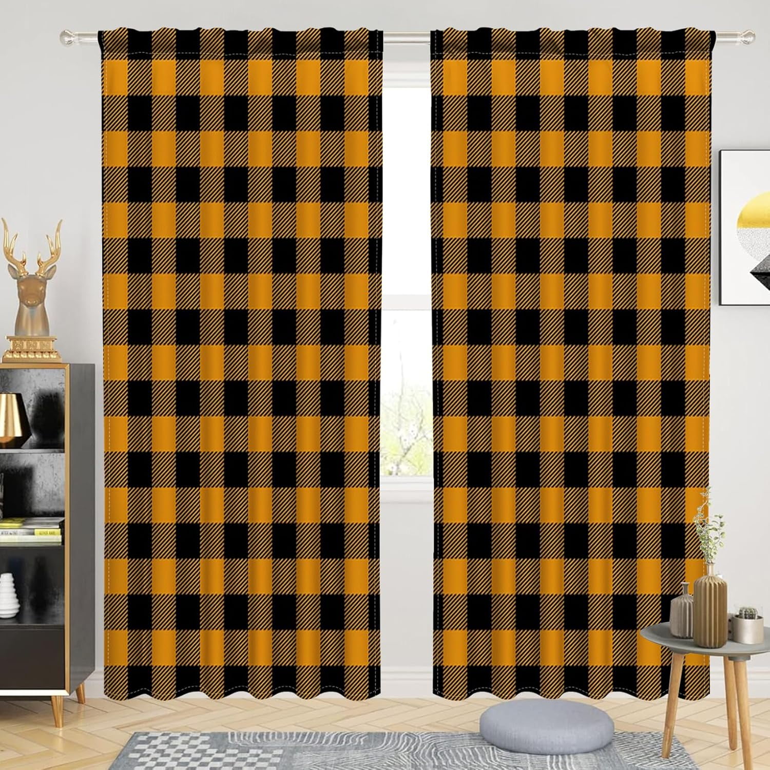 52 x 84 Inch Linen Buffalo Plaid Check Curtains Blackout Room Darkening Thermal Insulated Yellowish Brown Buffalo Checkered Rod Pocket Window Drapes for Farmhouse Bedroom Living Room 2 Panels
