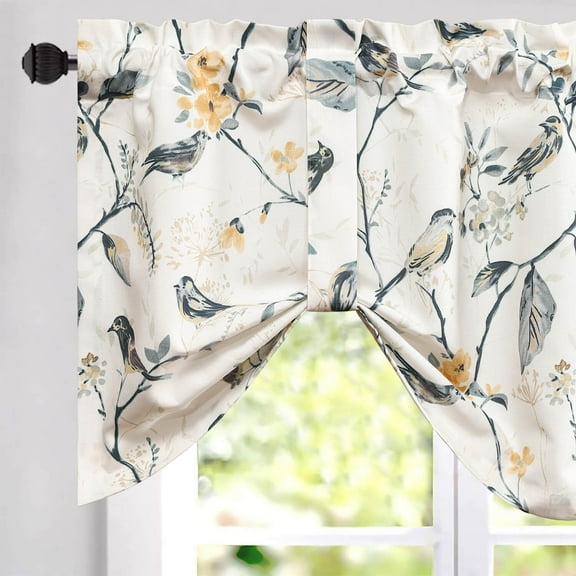 VOGOL 52"x18" Tie-up Valances for Small Window, Bird Printed Window Treatment for Kitchen, Rod Pocket, 1 Panel, Gray