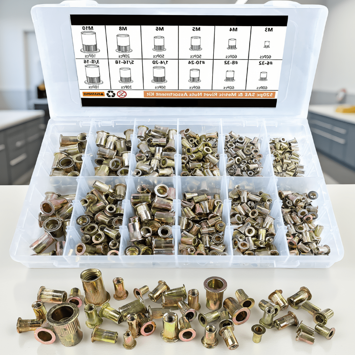 520 Flat Rivet Nut Kit, SAE & Metric, M3-M10 & 6-32 to 3/8-16 ...