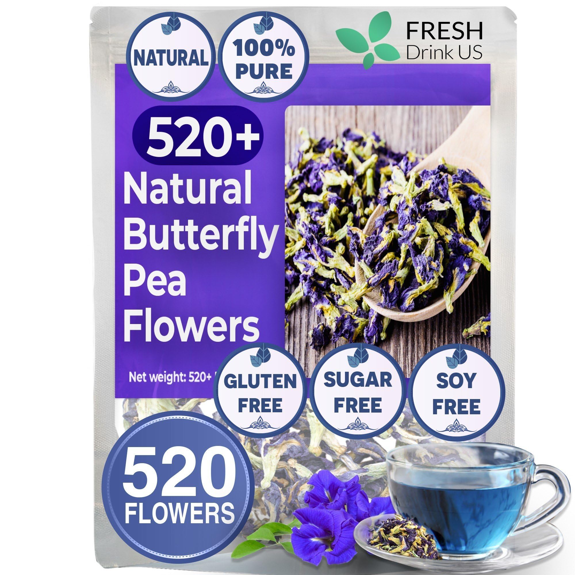 520+ Premium Butterfly Pea Flowers, 100 Natural & Pure From Whole