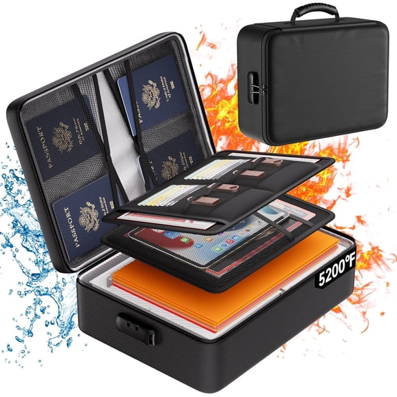 5200F Document Organizer with Lock, Heat Insulated Fireproof Box | Upgraded 8 Layers File Storage Protection,Water-Resistant,Portable Home Travel Safe for Important Documents and More,Black