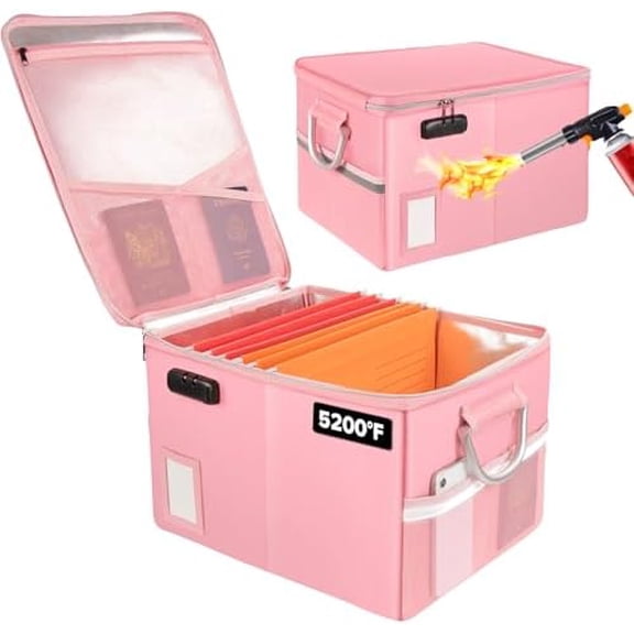 5200°F Fireproof Document Box, Fire Important Document Organizer with Lock, Upgraded Heat Insulated Filing Storage Cabinet Office Organization (5200°F Fireproof Box, Pink)