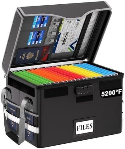 5200°F Fireproof Document Box with Lock,Heat Insulated File Organizer Storage with Pockets,Collapsible Portable Home Office File Safe Box with Handle for Hanging Letter/Legal Folders, Black