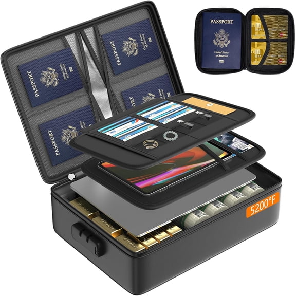 5200F Fireproof Document Organizer with Lock Fireproof & Waterproof File Organizer Box 8 Layer Heat Insulated Aluminum Foil Important Document Box Fire Proof Passport Travel Doc Holder Black