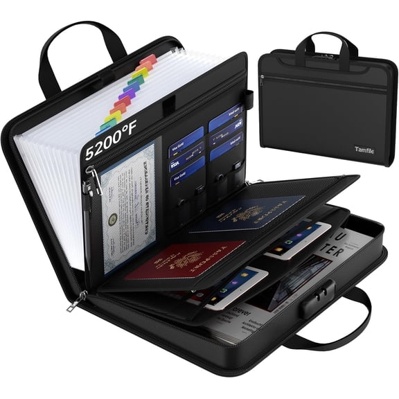 5200 Fireproof Accordion File Organizer with Lock, Thickened Document 13 Pocket Zipper & Labels, Important Organizer, Expanding Folder Handle for Letter A4 (Black)
