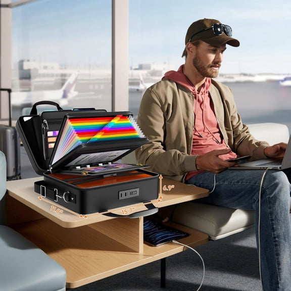 5200 Fireproof Document Box with Lock, Hard-Shell Case File Organizer with 24 Pocket Accordion File Folder, Portable Safe Box with Shoulder Strap for Home Important Documents Laptop Black