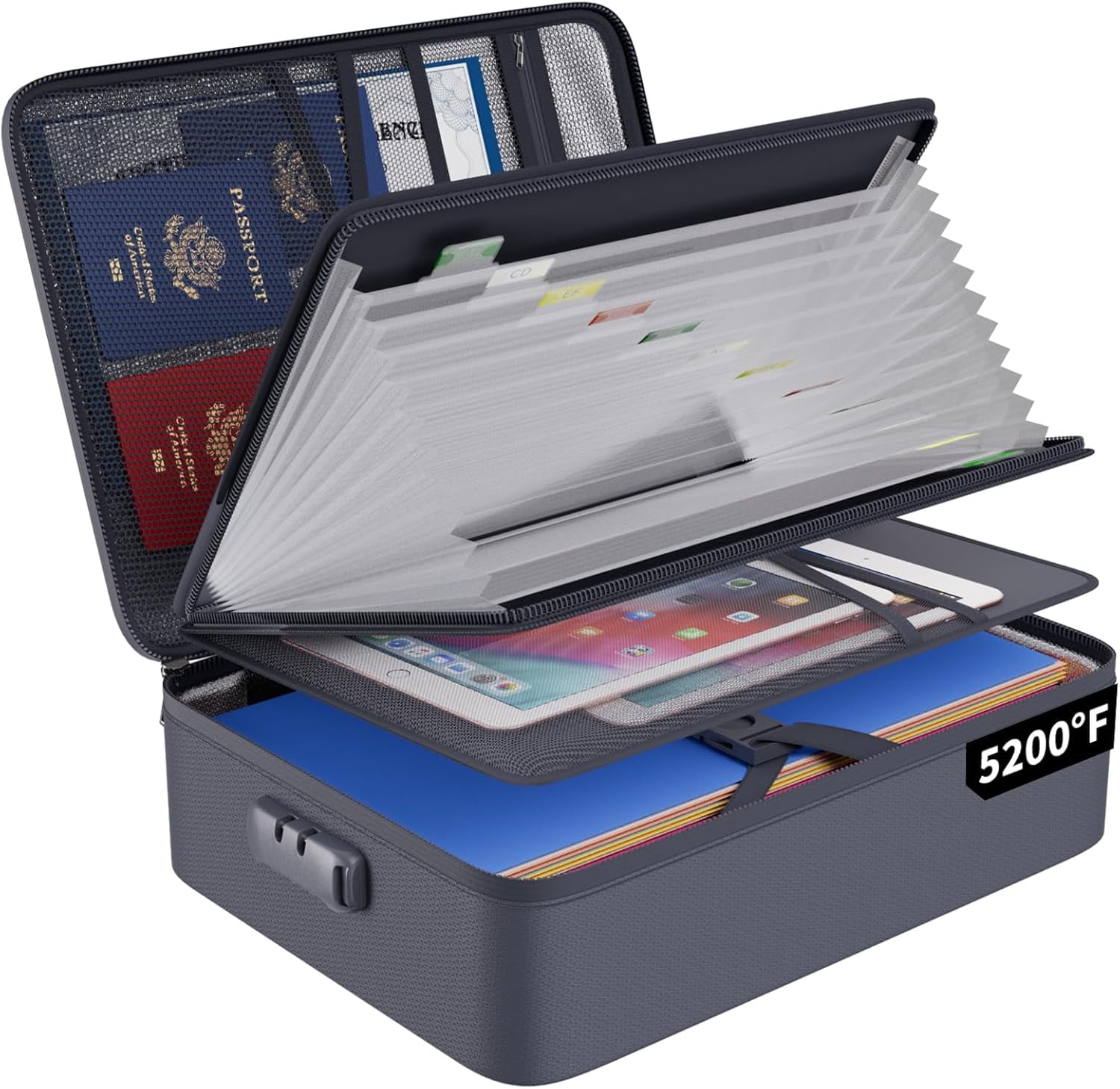 5200℉ Fireproof File Organizer Bag with 13 Pocket Accordion File Folder,Document Organizer Box with Lock&Labels,Multi-Layer Portable Home Travel Safe Storage Box for Important Documents,Gray