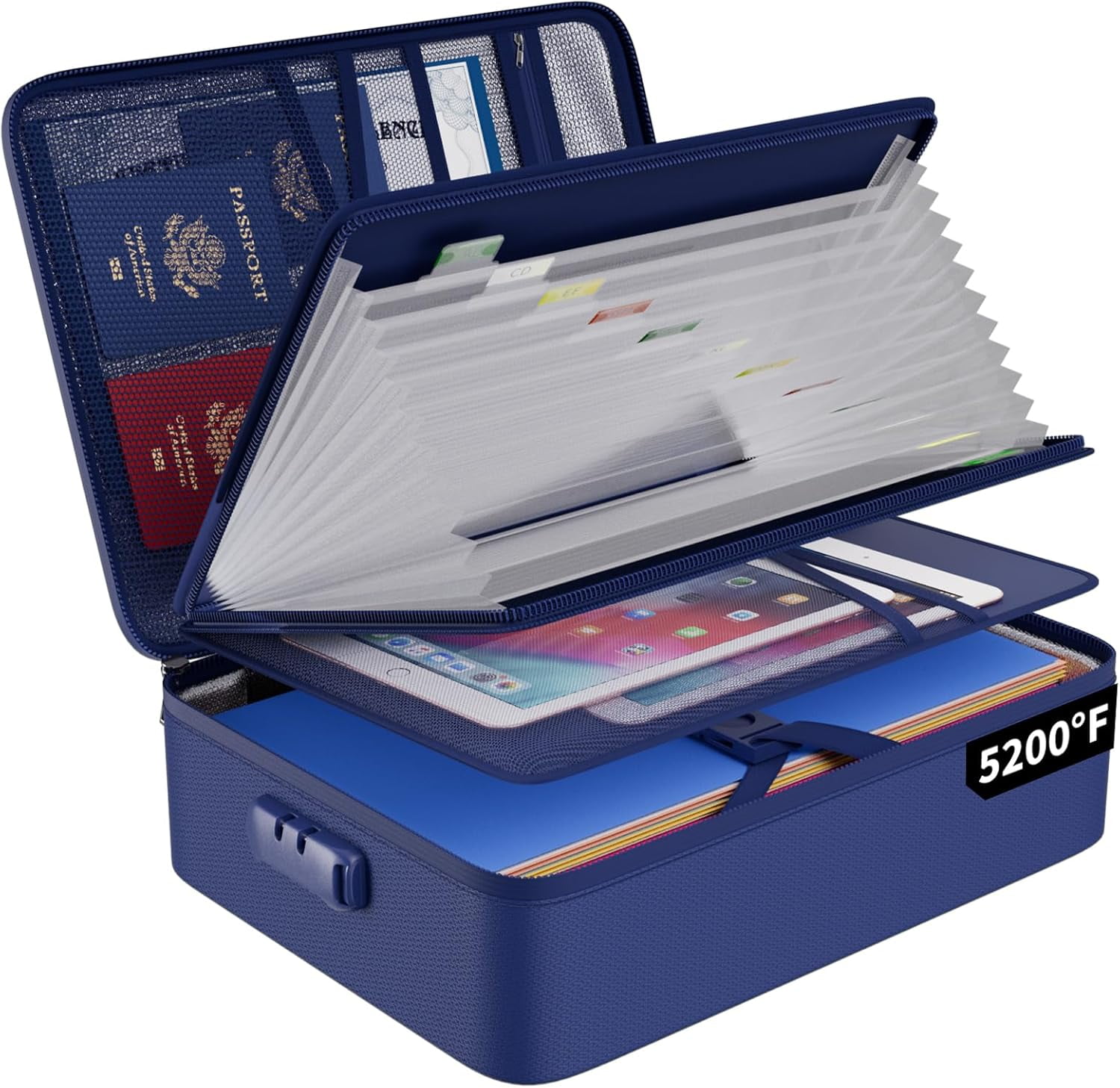5200℉ Fireproof File Organizer Bag with 13 Pocket Accordion File Folder,Document Organizer Box with Lock&Labels,Multi-Layer Portable Home Travel Safe Storage Box for Important Documents,Blue