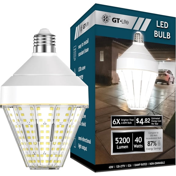 5200 Lumen LED Corn Cob Light Bulb, 40-watt, 300-watt Equivalent, Daylight 5000K Light Color, E26 Base, Garage Light Bulb, Energy Saving LED Light for Indoor Outdoor Use. 1-Pack
