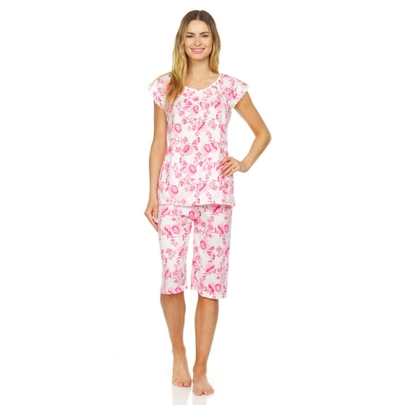 5200C Womens Capri Set Short Sleeve Sleepwear Pajamas Woman Sleep Nightshirt Pink XL