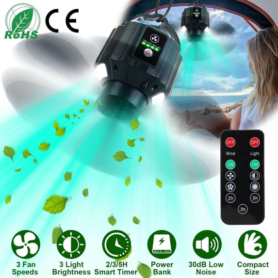 5200mAh Tent Ceiling Fans for Camping TeqHome Portable Hanging Tent Fans with Light and Remote Control Smart Timer Power Bank USB Battery Operated Camping Fan for Outdoor Canopy Tent RV