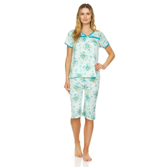 5201C Womens Capri Set Short Sleeve Sleepwear Pajamas Woman Sleep Nightshirt Green M