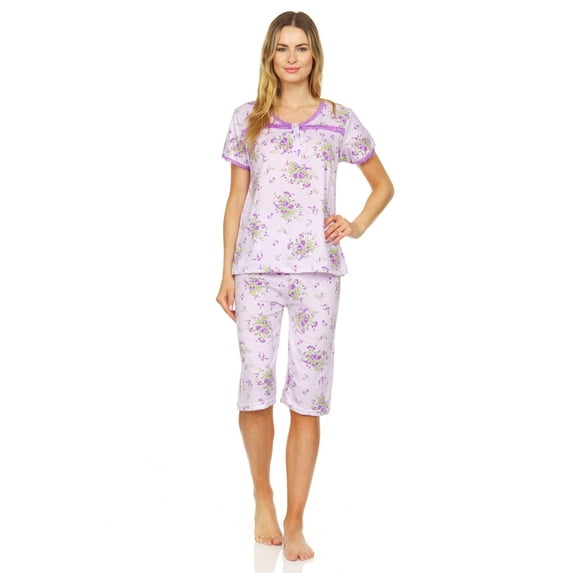 5201C Womens Capri Set Short Sleeve Sleepwear Pajamas Woman Sleep Nightshirt Purple XXL