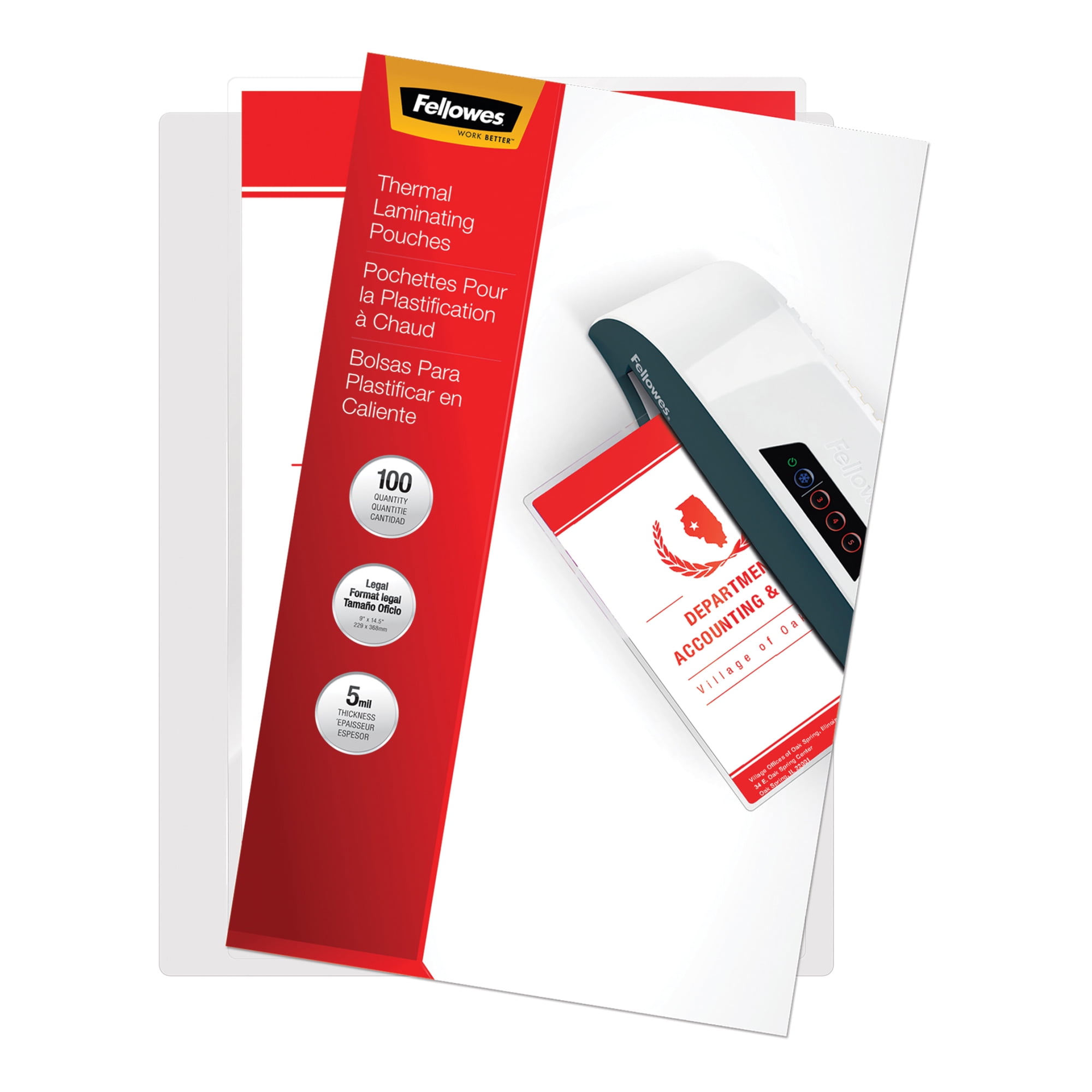 Fellowes Laminating Pouches, 5 Mil, Legal, 9" x 14-1/2", Pack Of 100 Pouches