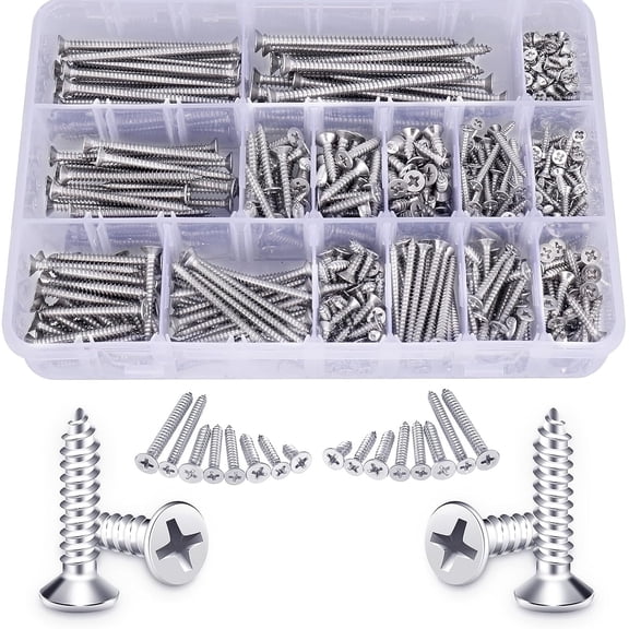 520PCS Wood Screws Assortment Kit - Stainless Steel Self Tapping Screw Set, Assorted Small Self Drilling Drywall Screws with Case, #4#6#8#10 Phillips Flat Head Sheet Metal Screws, Length 1/4" to 3"