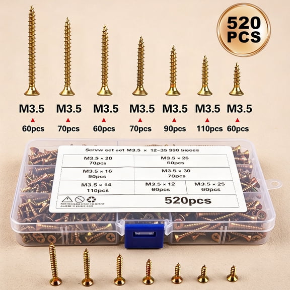 520Pcs M3.5 Flat Head Wood Screws Assortment Kit, Phillips Drive Self-Tapping Screws for Wood/Metal, Assorted Wood Screws Hardware