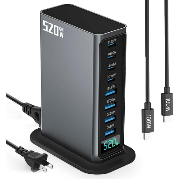 520W USB C Charger Block, 8 Ports Charging Station for Multiple Devices, Fast Charging Hub with PD 100w Type C & QC 30w USB-A, Desktop Charger Adapter for Laptop, Phone, Tablet,Travel Home Office Use