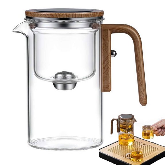 520mL Witchcraft Teapot With Water Separation Glass and Wooden Handle, Enchanted Glass Strainer, Press Control Magic Tea Pot for Loose Tea, Gray
