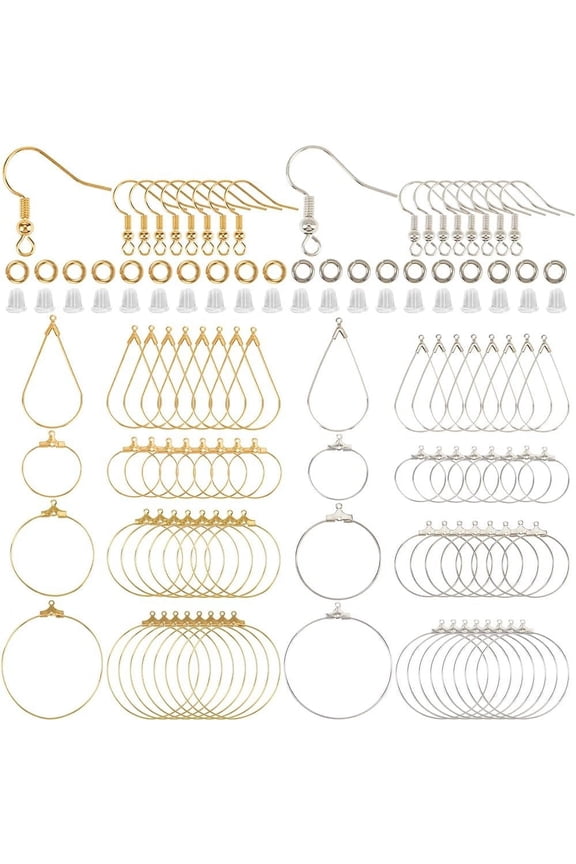 520pcs Hoop Earrings Findings Beading Hoop Earring Supplies Brass Golden Silver Waterdrop Round Shaped Ear Kits with Open Jump Rings DIY