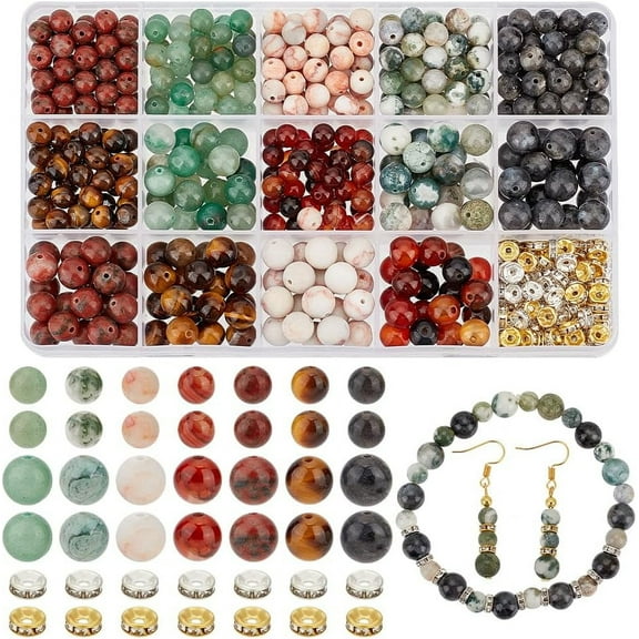 520pcs Stone Beads Kit for DIY Jewelry Making 14 Styles 6/8mm Natural Gemstone Beads Marble Loose Beads Round Smooth Beads with Iron Rhinestone Spacer Beads for DIY Bracelet Necklace Earring