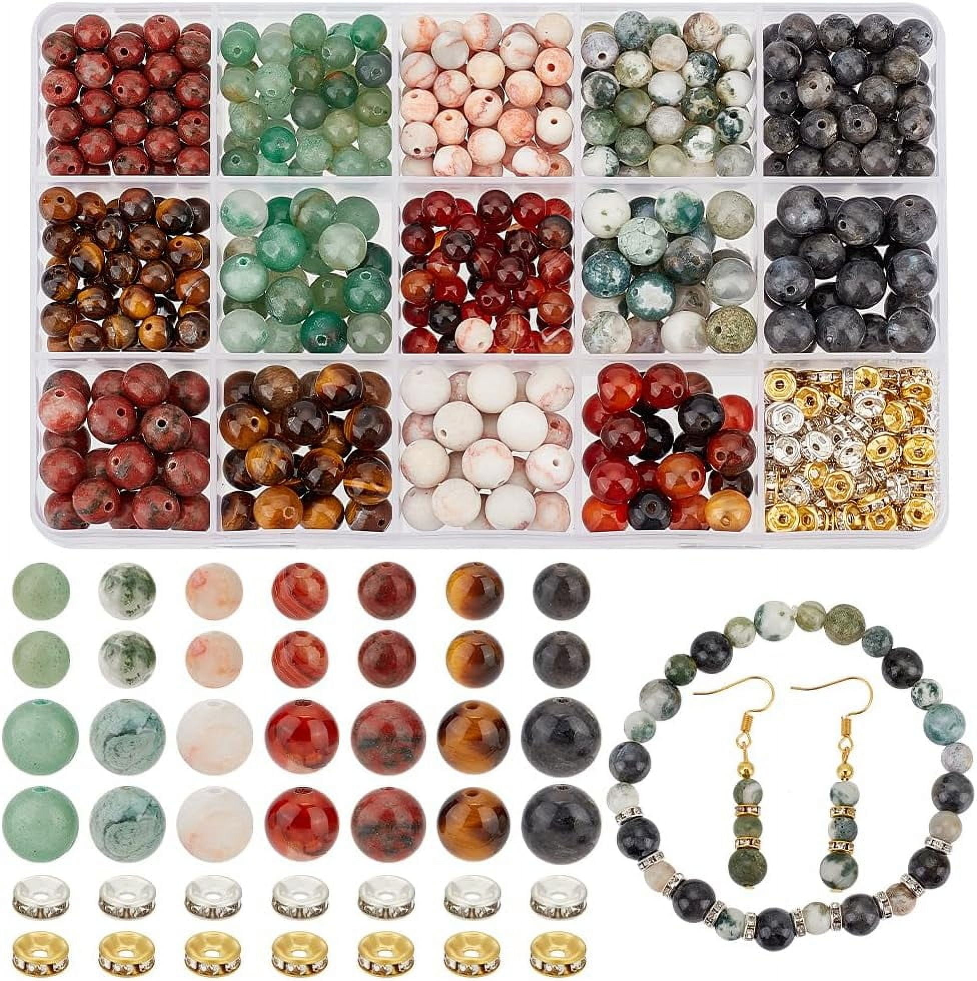 520pcs Stone Beads Kit for Jewelry Making 14 Styles 6/8mm Natural Gemstone Beads Marble Loose Beads Round Smooth Beads with Iron Rhinestone Spacer Beads DIY