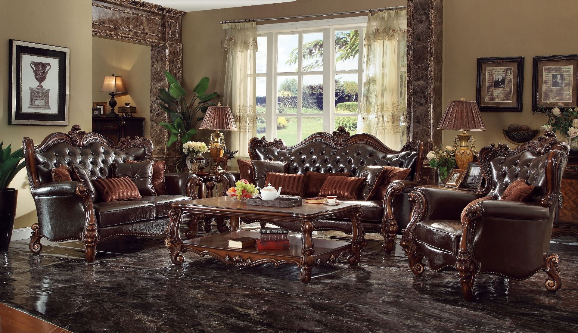 Versailles Dark Brown Leather Sofa with Cherry Oak Trim