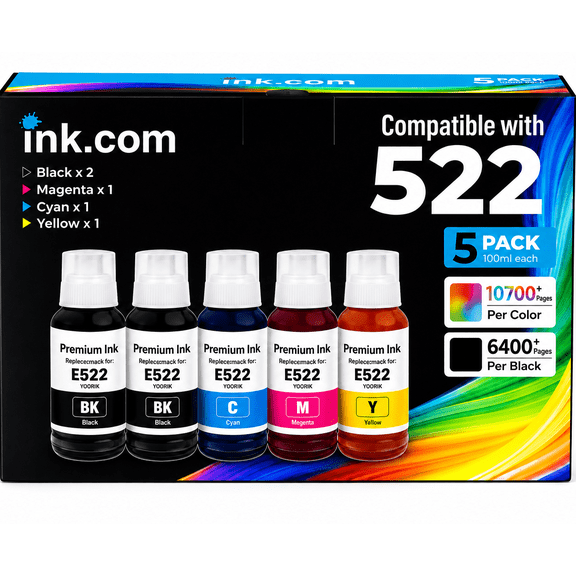 Ink .Com Compatible 522 High Capacity Ink Refill 5 Pack Compatible with Epson for ET-2803 ET-2800 ET-2720 ET-4800 Printers