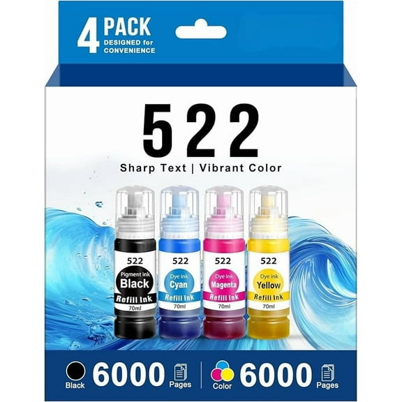 522 High Capacity Ink Refill Bottle Combo Pack Compatible for Epson 522 Ink Works with EcoTank ET-2400, ET-2720, ET-2800, ET-2803, ET-2840, ET-4700, ET-4800, ET-4810 Printer (4 Pack,70ML)