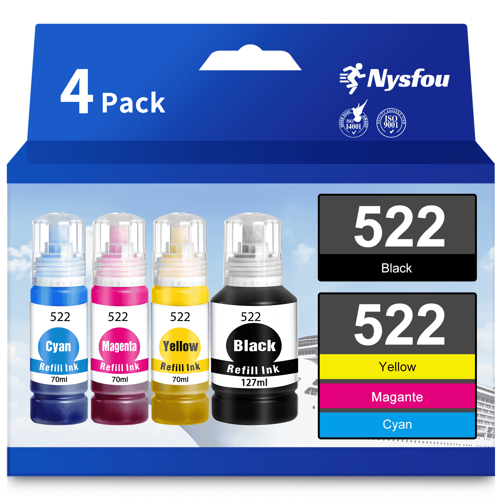 522 Ink Bottle Compatible for Epson 522 T522 Refill Ink for EcoTank ET-2720 ET-4700 ET-2800 ET-2803 ET-4800 Printer (Black, Cyan, Magenta, Yellow, 4-Pack)