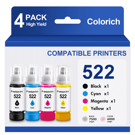 522 Ink Refill Bottles Compatible for Epson Ink 522 for EcoTank Printers ET-2800 ET-2400 ET-2720 ET-2803 ET-2840 ET-4700 ET-4800 ET-4810 (4 Pack)