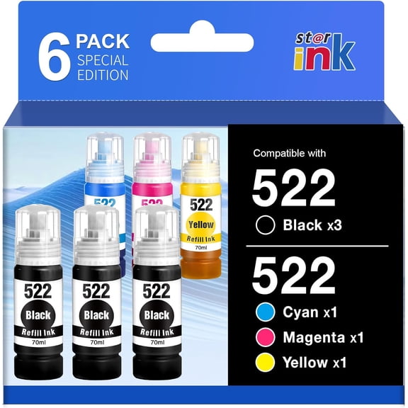 522 Ink Refill Bottles High Capacity (6 Bottles) ET-2800 ET-2400 ET-4800 Replacements for Epson 522 Ink Compatible for Epson Ecotank ET-2800 ET-2400 ET-2803 ET-2720 ET-4700 ET-4810 Printer Ink