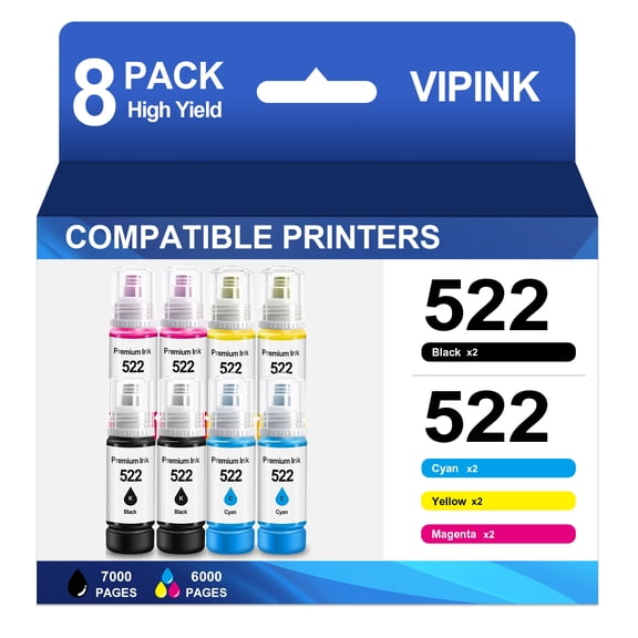 522 Ink Refill Bottles High Compatible for Epson T522 522 Ink Bottles for Epson EcoTank ET-2800 2400 2720 2803 2840 4700 4800 4810 Printer Ink (8 Pack, 2Black, 2Cyan ,2Magenta ,2Yellow)