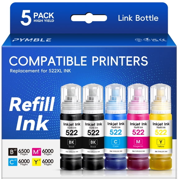 522 Ink Refill Bottles Compatible for Epson 522 Ink Bottles for Epson EcoTank Printers ET-2800 ET-4800 ET-4700 ET-2400 ET-2720 ET-2803 (5 Pack)