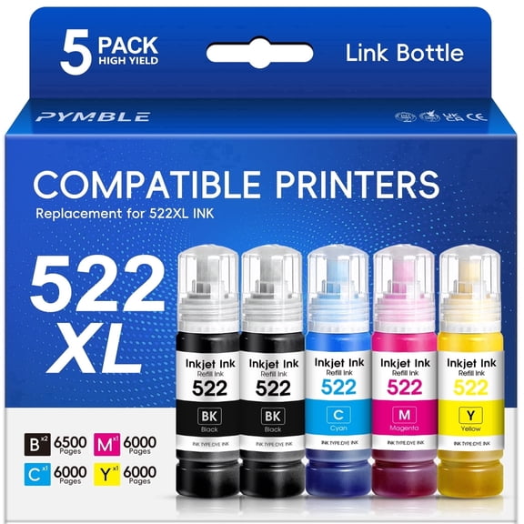 522 Ink Refill Bottles Compatible for Epson 522 Ink Bottles for Epson EcoTank Printers ET-2800 ET-4800 ET-4700 ET-2400 ET-2720 ET-2803 (5 Pack)