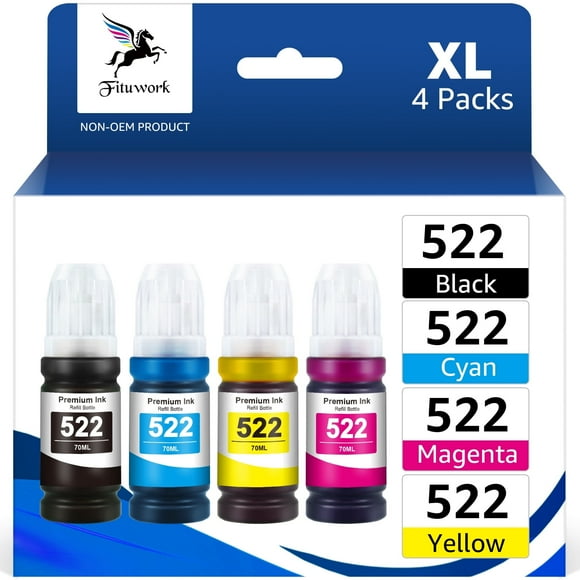 522 T522 Ink Bottle Compatible for Epson 522 Ink Bottles Use for EcoTank ET-2720 ET-4700 ET-2800 ET-2803 ET-4800 Printer(4-Pack)