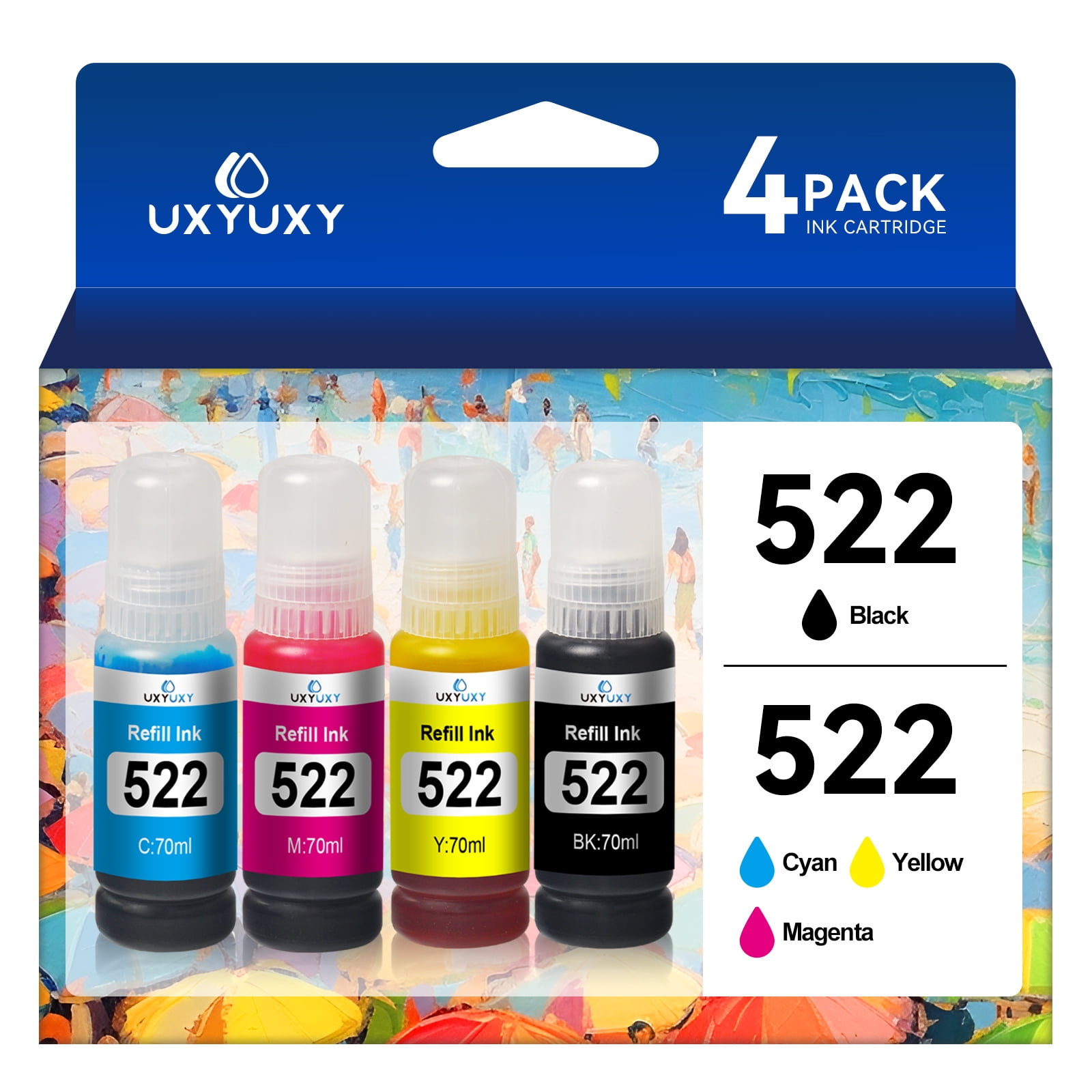 UXYUXY Ink Bottle Replacement for Epson 522 T522 Refill Ink 522 Bottle of Ink for EcoTank ET-2720 ET-4700 ET-2800 ET-2803 ET-4800 Printer (Black, Cyan, Magenta, Yellow, 4-Pack)