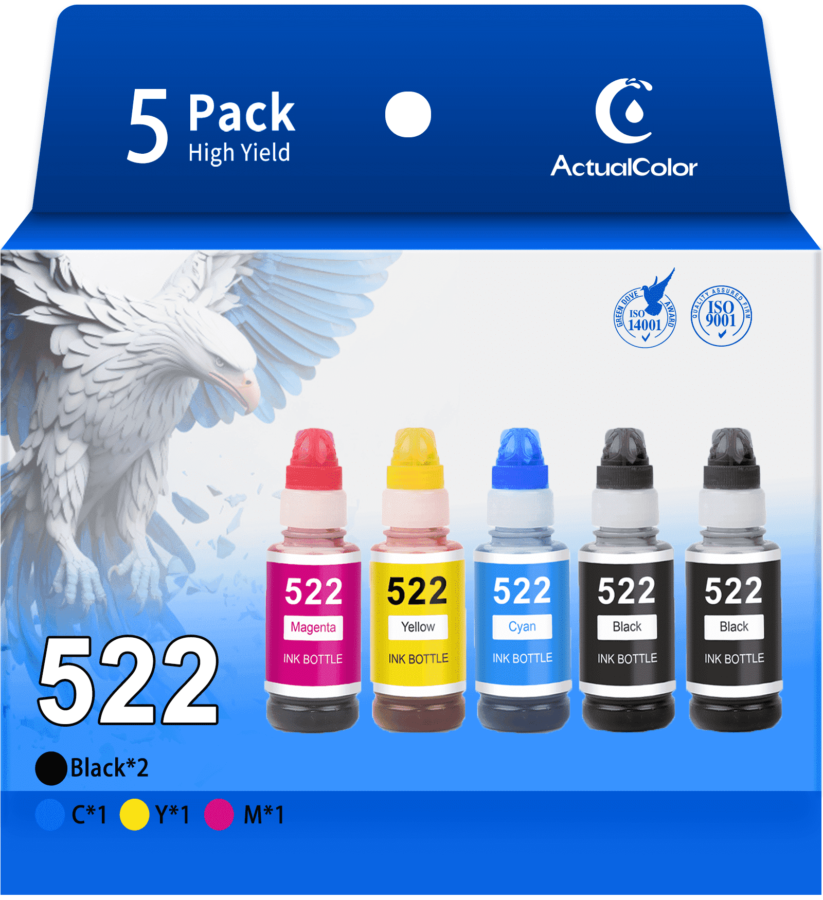 ACTUALCOLOR C 522 Ink Bottle Compatible for Epson 522 Ink Bottles for EcoTank ET-2803 2720 4700 2800 4800 Printer, 5 Pack