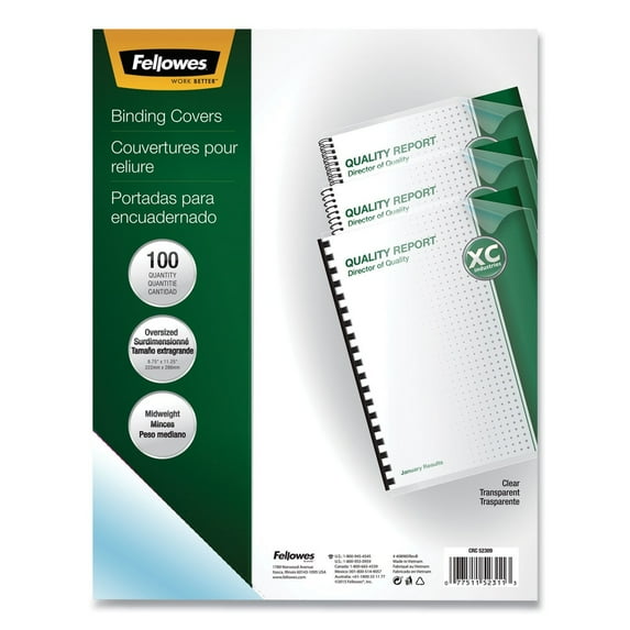 Fellowes Mfg Co. 52311 11.25 in. x 8.75 in. Crystals Transparent Unpunched Presentation Covers for Binding Systems with Round Corners - Clear (100/Pack)