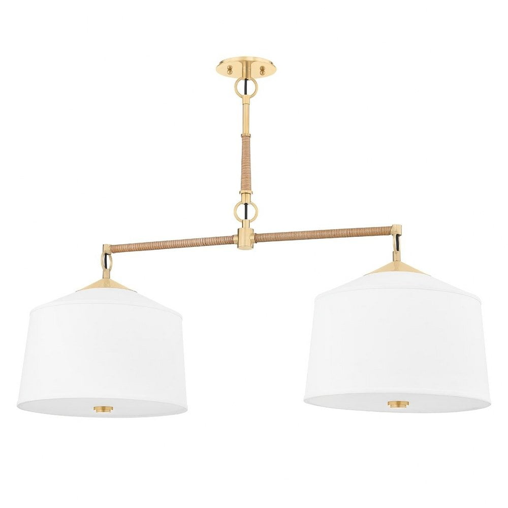 Aged Brass Dual-Light Island Pendant with Linen and Glass Accents