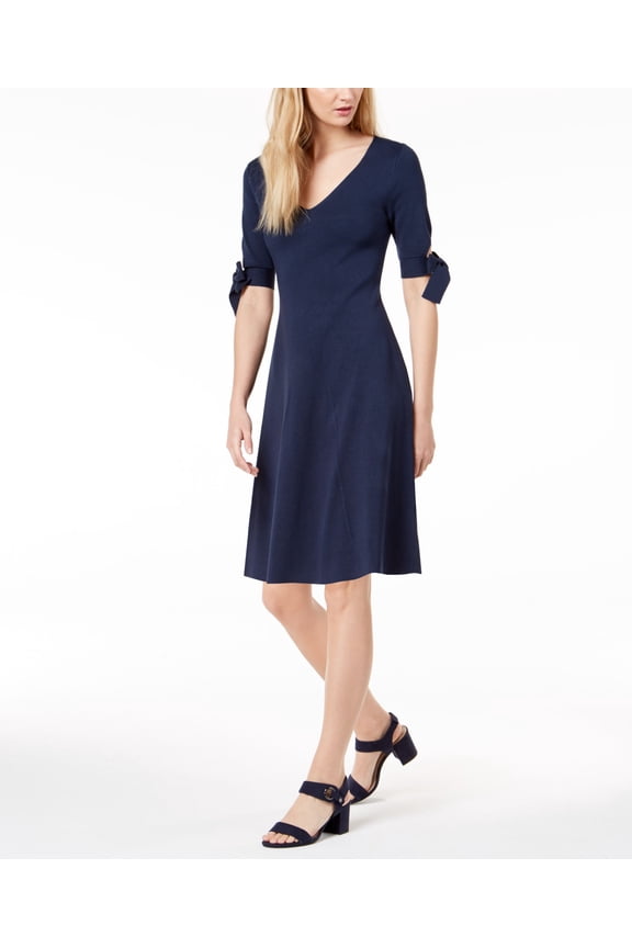 Petite Bow Sleeve Fit Flare Dress Midnight Blue PL