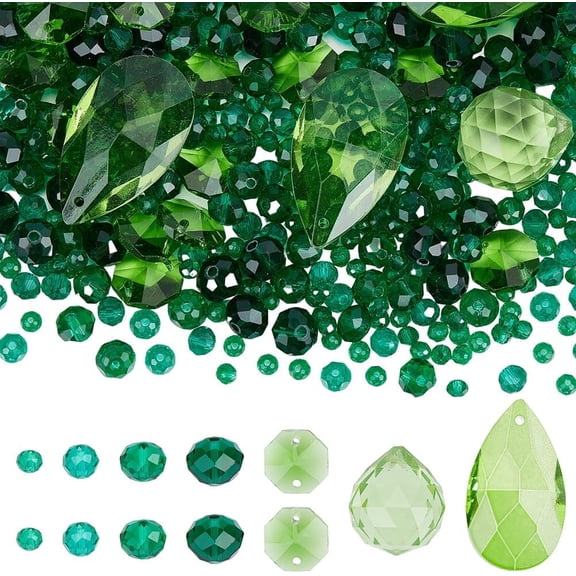 525Pcs Chandelier Crystals Prisms Suncatcher Beads Rainbow Maker Large Teardrop Rondelle Octagon Charms Glass Green Beads Hanging Ornaments Handmade