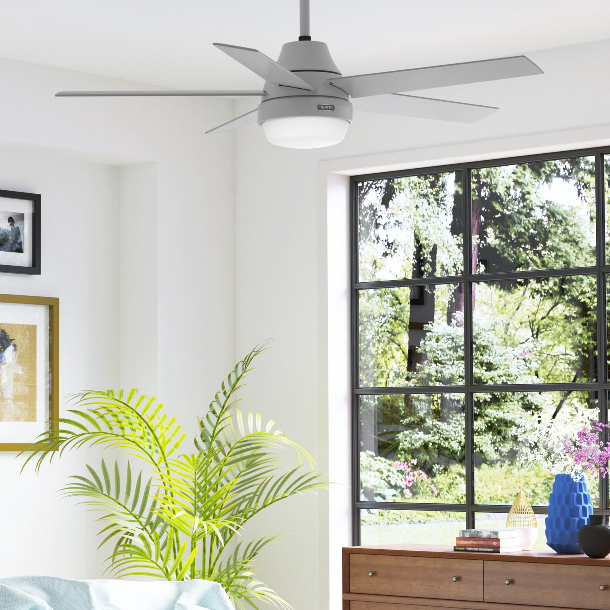 Hunter 52 inch Indoor Ceiling Fan with LED Light and Remote Control - Modern Smart Ceiling Fan, Standard Mount, 5 Blades, For Bedroom, Living Room, or Kitchen, Quiet - Aerodyne 52614, Dove Grey