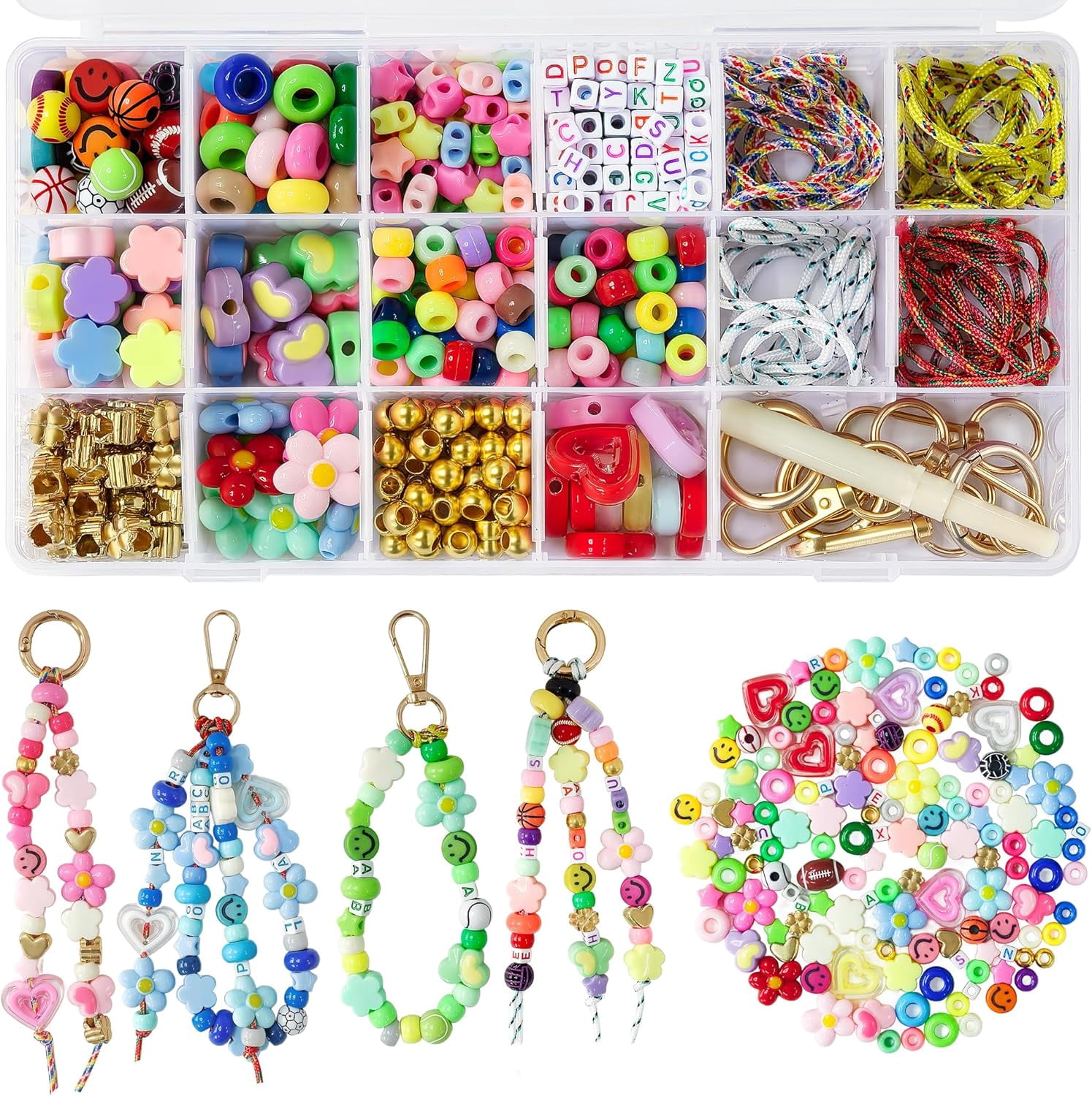 528PCS DIY Beaded Keychain Making Kit for Adult Women, Acrylic Heart Star Flower Alphabet Beads Charms, All-in-One Craft Supplies for Handmade Jewelry & Bag Decor