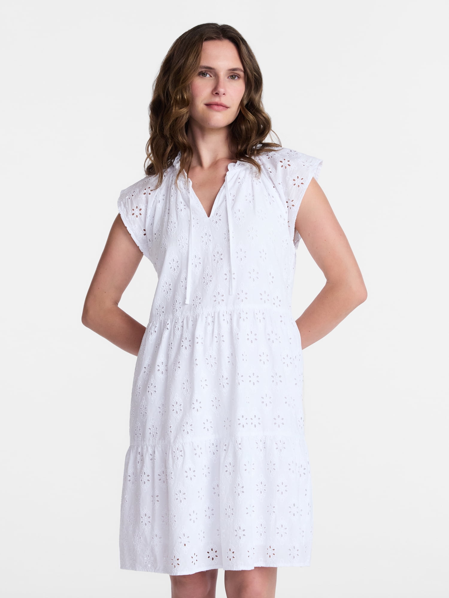Time and Tru Women's Eyelet Embroidery Cotton Mini Dress with Flutter Sleeves, Sizes XS-XXXL