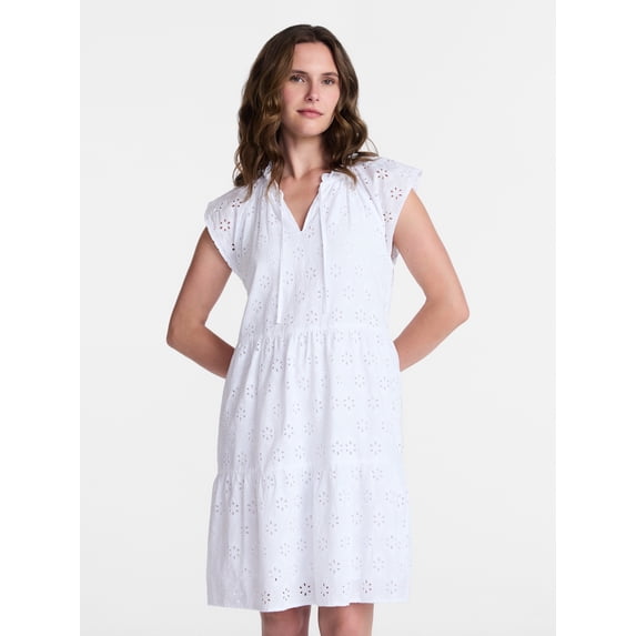 Time and Tru Women's Eyelet Embroidery Cotton Mini Dress with Flutter Sleeves, Sizes XS-XXXL