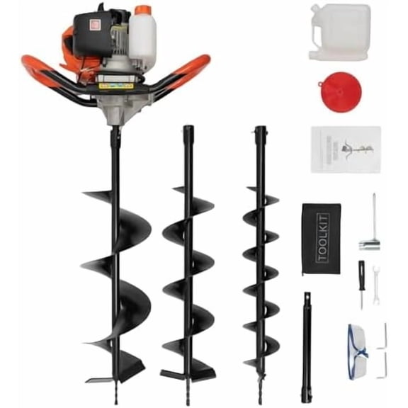 52CC 2.3HP 2 Stroke Gas Powered Auger Post Hole Digger Gas Auger Post Hole Digger,with 3 Earth Auger Drill Bits + 30cm Extension Rod for Farm Garden Digging/Drilling/Planting$$Garden & Patio
